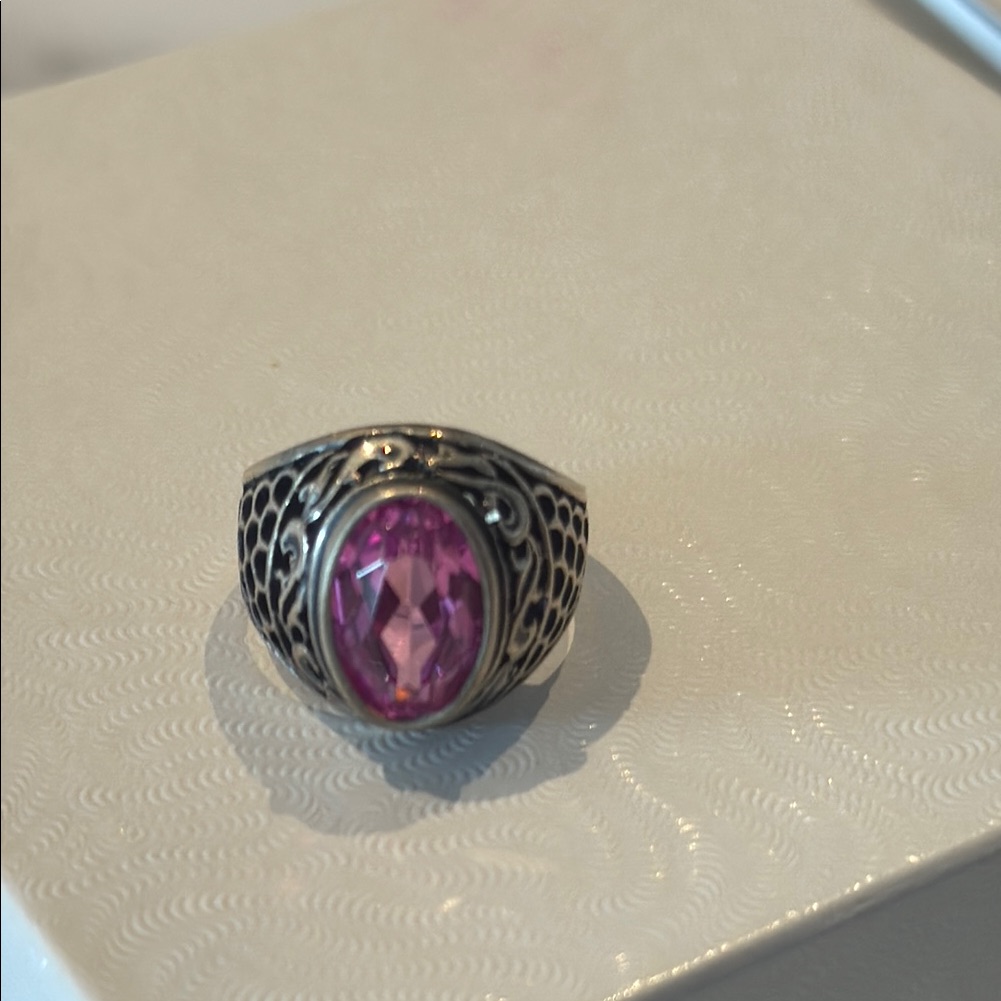 Silver 916 Ring With Pink Gemstone/ Cynthetic Ruby
